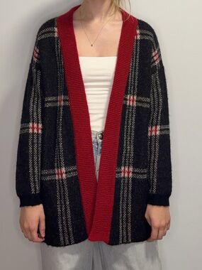 Mohair Black Plaid Open-Front Cardigan